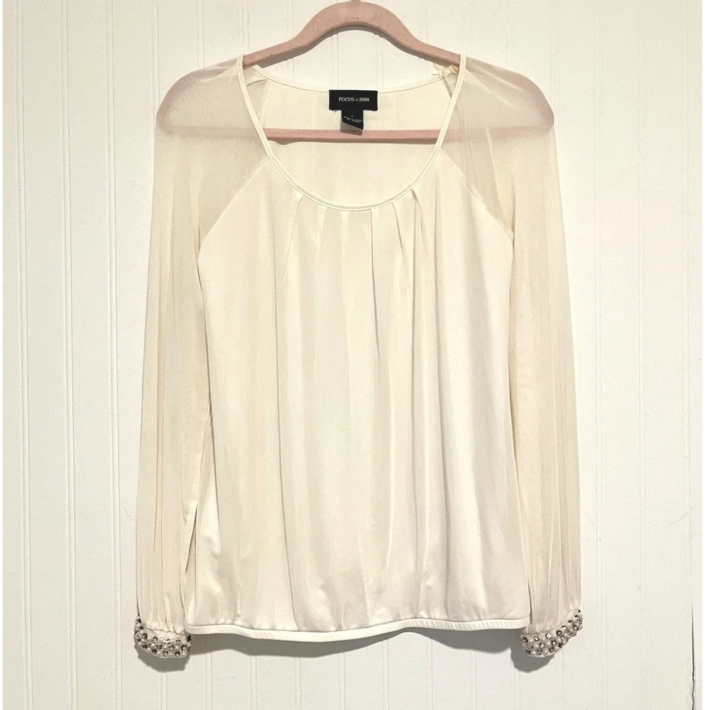 Focus 2000 Blouse Womens Small Ivory Sheer Sleeve Pearl Cuff Pleated office wear